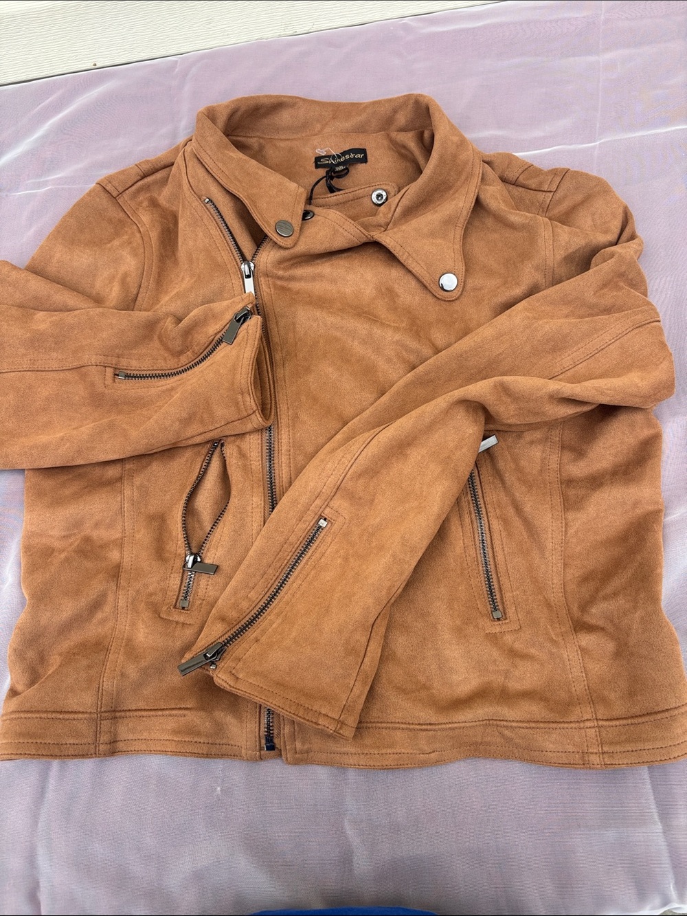 Shinestar Cognac Suede Moto Jacket with Zip Accents